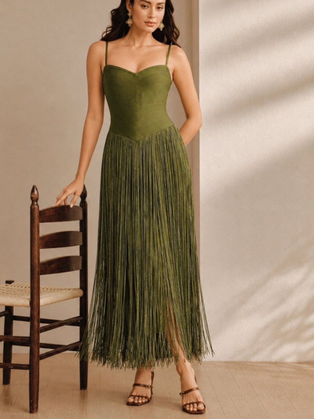 Olive Green Fringe Bandage Cami Maxi Dress Sleeveless Bodycon Gown